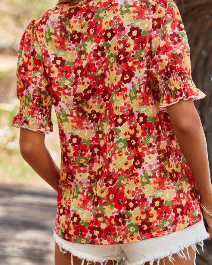 Red Floral Bubble Sleeve Pleated V Neck Wrap Blouse