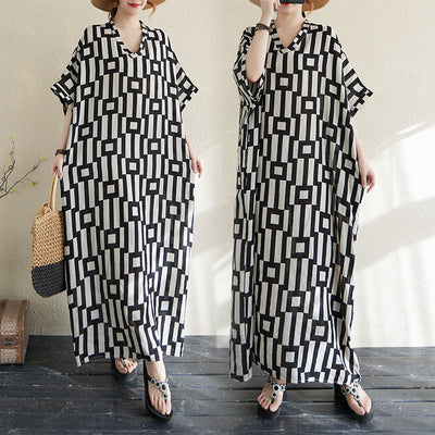 V-neck Retro Flab Hiding Cotton And Linen Dress