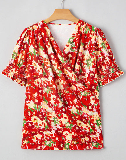 Red Floral Bubble Sleeve Pleated V Neck Wrap Blouse