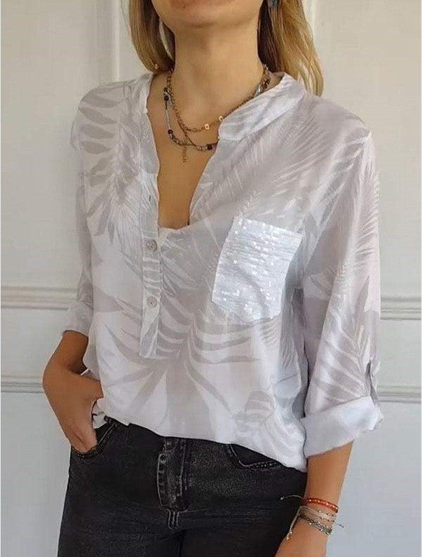 Loose Casual Long Sleeves Printed Sequined Pocket Shirt