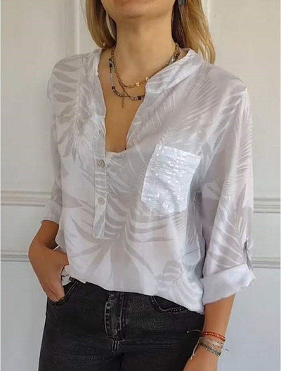 Loose Casual Long Sleeves Printed Sequined Pocket Shirt