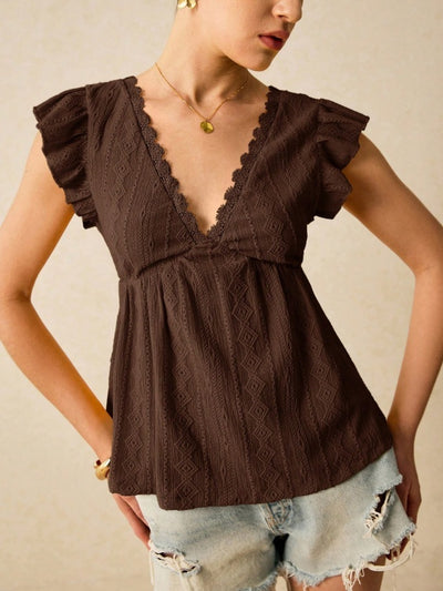 Hollowed-out V-neck Ruffled Short Sleeve Lace T-shirt Top