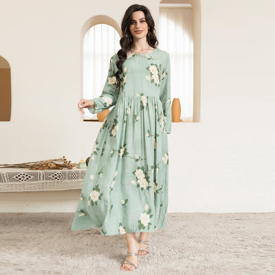 Casual Round Neck Printing Floral Wrinkle Splicing Regular Sleeve Long Dresses