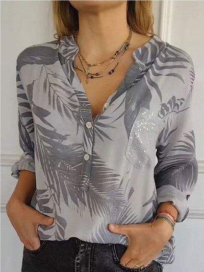 Loose Casual Long Sleeves Printed Sequined Pocket Shirt
