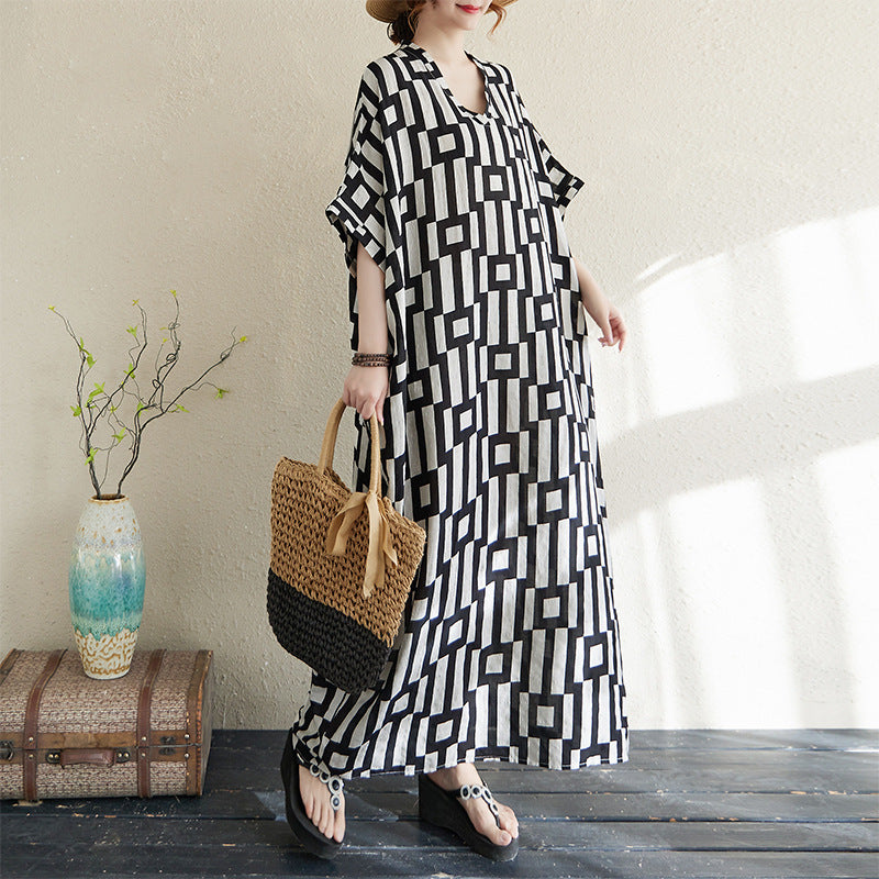 V-neck Retro Flab Hiding Cotton And Linen Dress