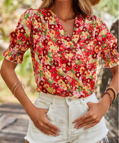 Red Floral Bubble Sleeve Pleated V Neck Wrap Blouse