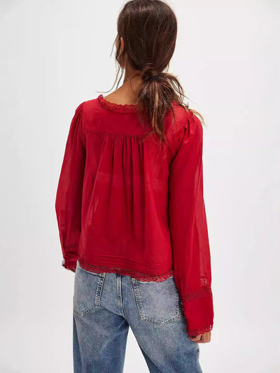 Lace U-shaped Lace Collar Long Sleeve Light Shirt