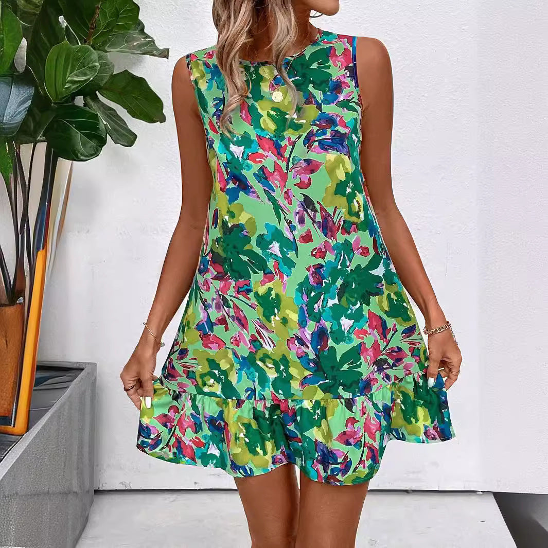 Elegant Women Floral Print Sleeveless Ruffles Dress