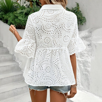 Women's Floral Embroidered Single-breasted Frill Sleeve Casual Loose Top