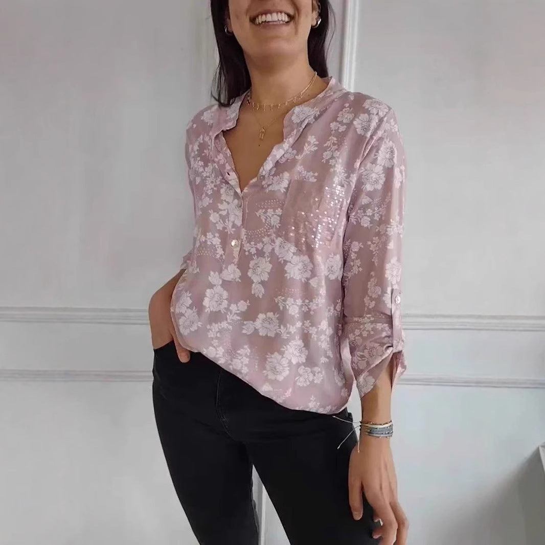 Loose Casual Long Sleeves Printed Sequined Pocket Shirt