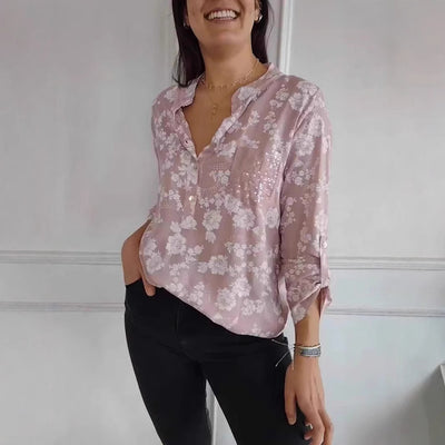 Loose Casual Long Sleeves Printed Sequined Pocket Shirt