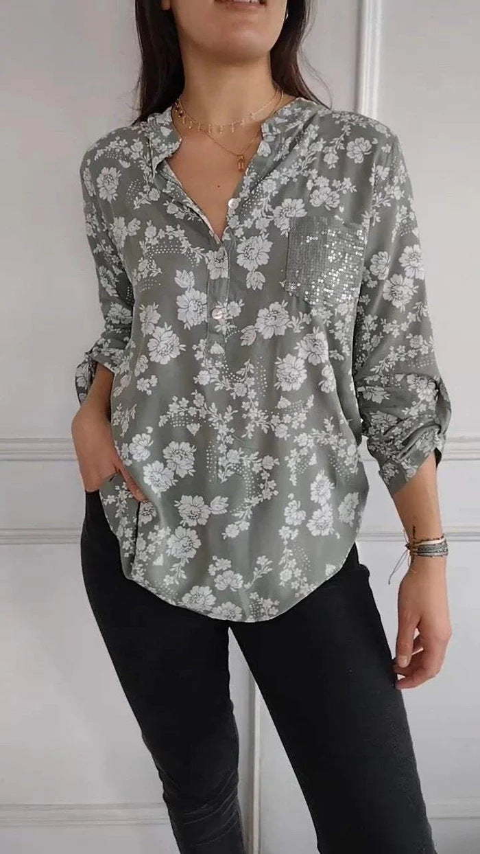 Loose Casual Long Sleeves Printed Sequined Pocket Shirt