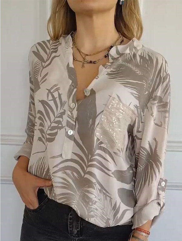 Loose Casual Long Sleeves Printed Sequined Pocket Shirt