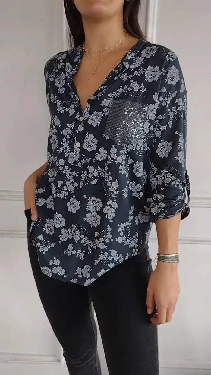 Loose Casual Long Sleeves Printed Sequined Pocket Shirt