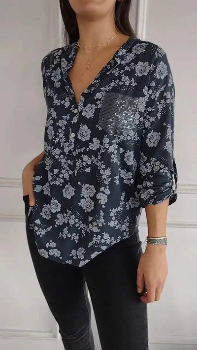 Loose Casual Long Sleeves Printed Sequined Pocket Shirt