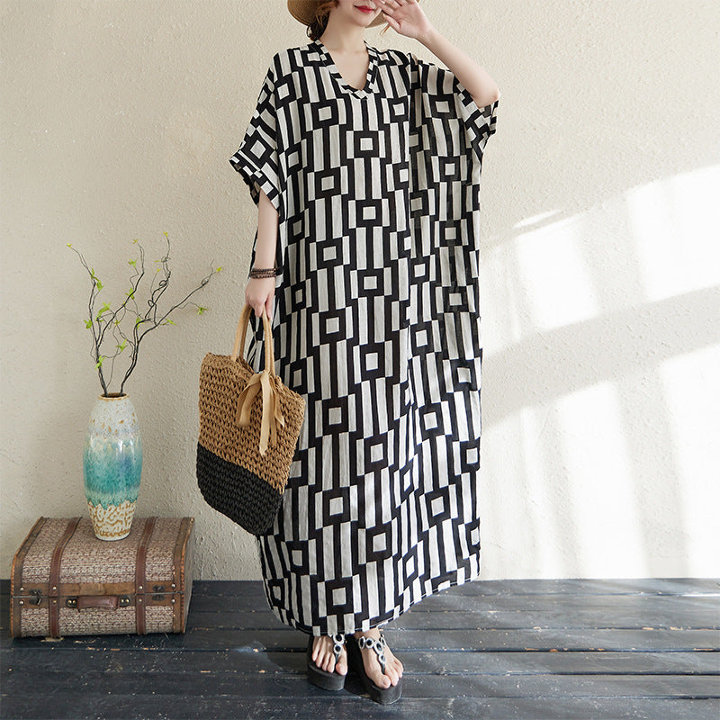 V-neck Retro Flab Hiding Cotton And Linen Dress