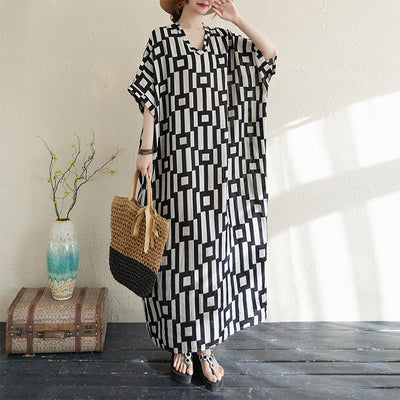 V-neck Retro Flab Hiding Cotton And Linen Dress
