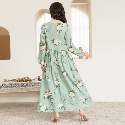 Casual Round Neck Printing Floral Wrinkle Splicing Regular Sleeve Long Dresses