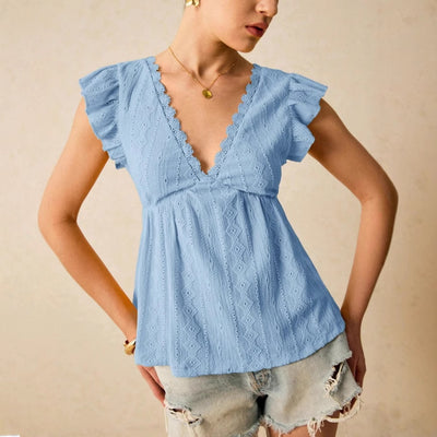 Hollowed-out V-neck Ruffled Short Sleeve Lace T-shirt Top