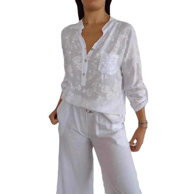 Loose Casual Long Sleeves Printed Sequined Pocket Shirt