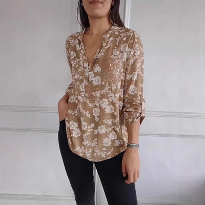 Loose Casual Long Sleeves Printed Sequined Pocket Shirt