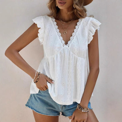 Hollowed-out V-neck Ruffled Short Sleeve Lace T-shirt Top
