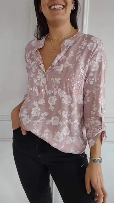 Loose Casual Long Sleeves Printed Sequined Pocket Shirt