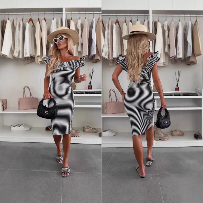 Off-shoulder Wooden Ear Slim Fit Dress