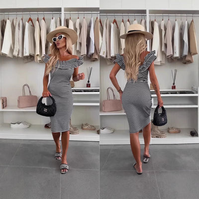 Off-shoulder Wooden Ear Slim Fit Dress