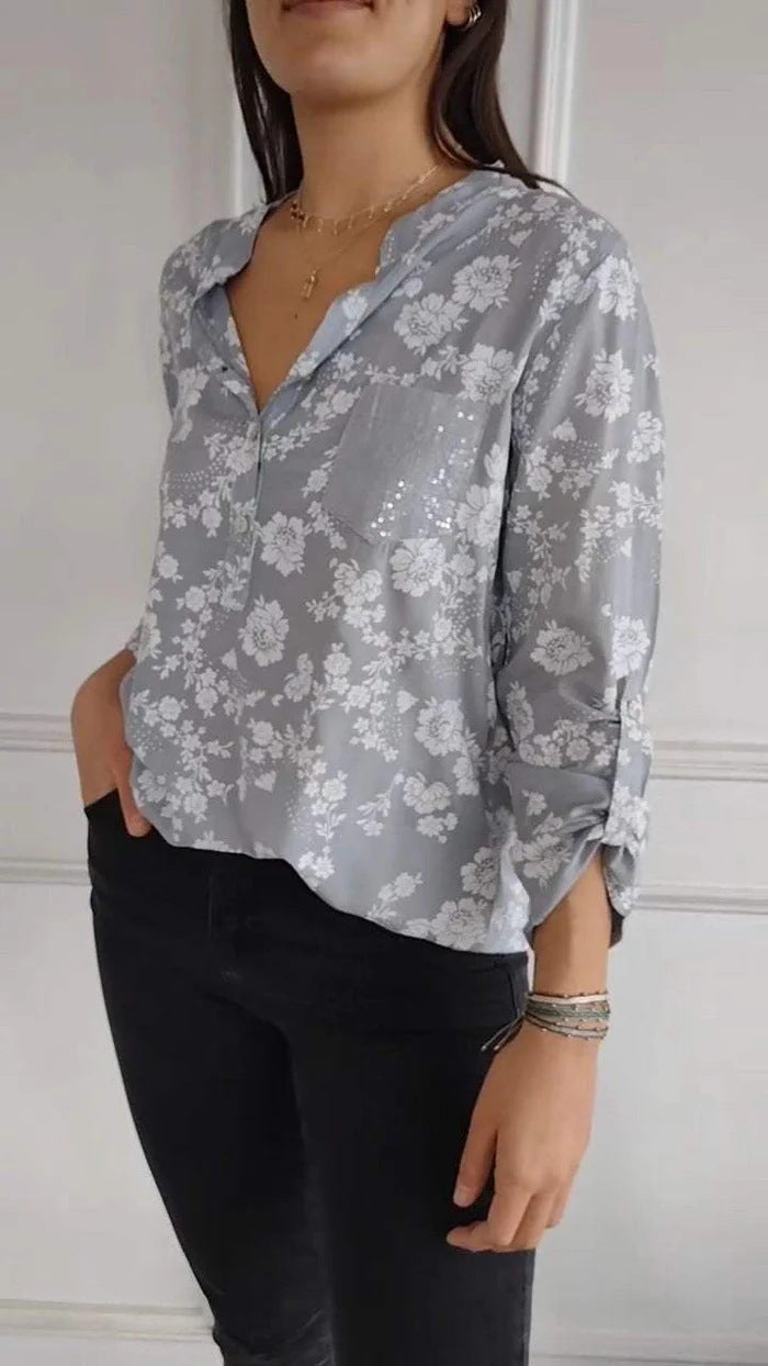 Loose Casual Long Sleeves Printed Sequined Pocket Shirt