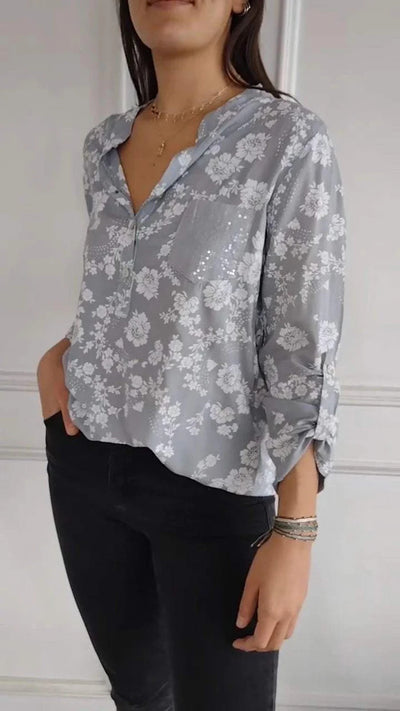 Loose Casual Long Sleeves Printed Sequined Pocket Shirt