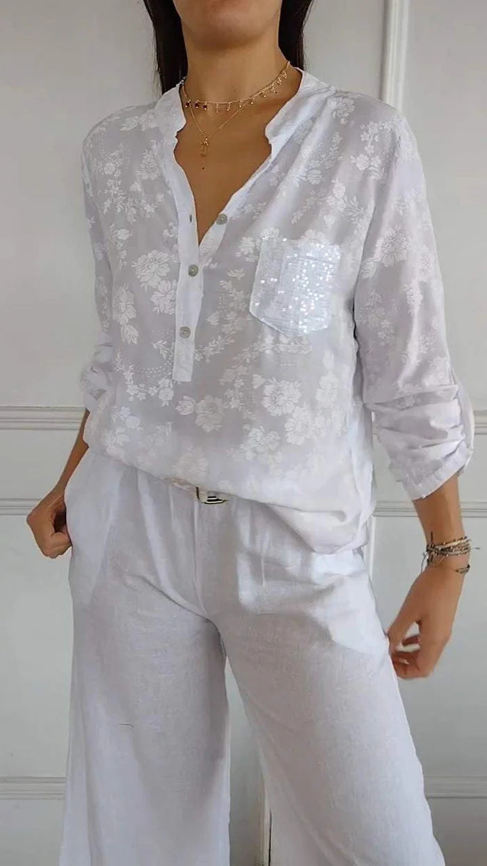 Loose Casual Long Sleeves Printed Sequined Pocket Shirt