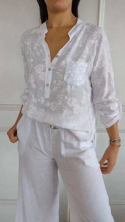 Loose Casual Long Sleeves Printed Sequined Pocket Shirt
