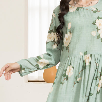 Casual Round Neck Printing Floral Wrinkle Splicing Regular Sleeve Long Dresses
