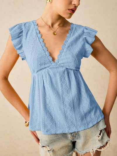 Hollowed-out V-neck Ruffled Short Sleeve Lace T-shirt Top