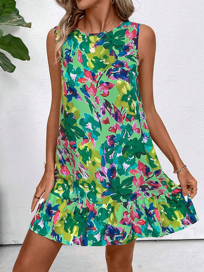 Elegant Women Floral Print Sleeveless Ruffles Dress