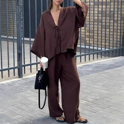 Casual Pure Cotton Tied Top Wide Leg Pants Suit