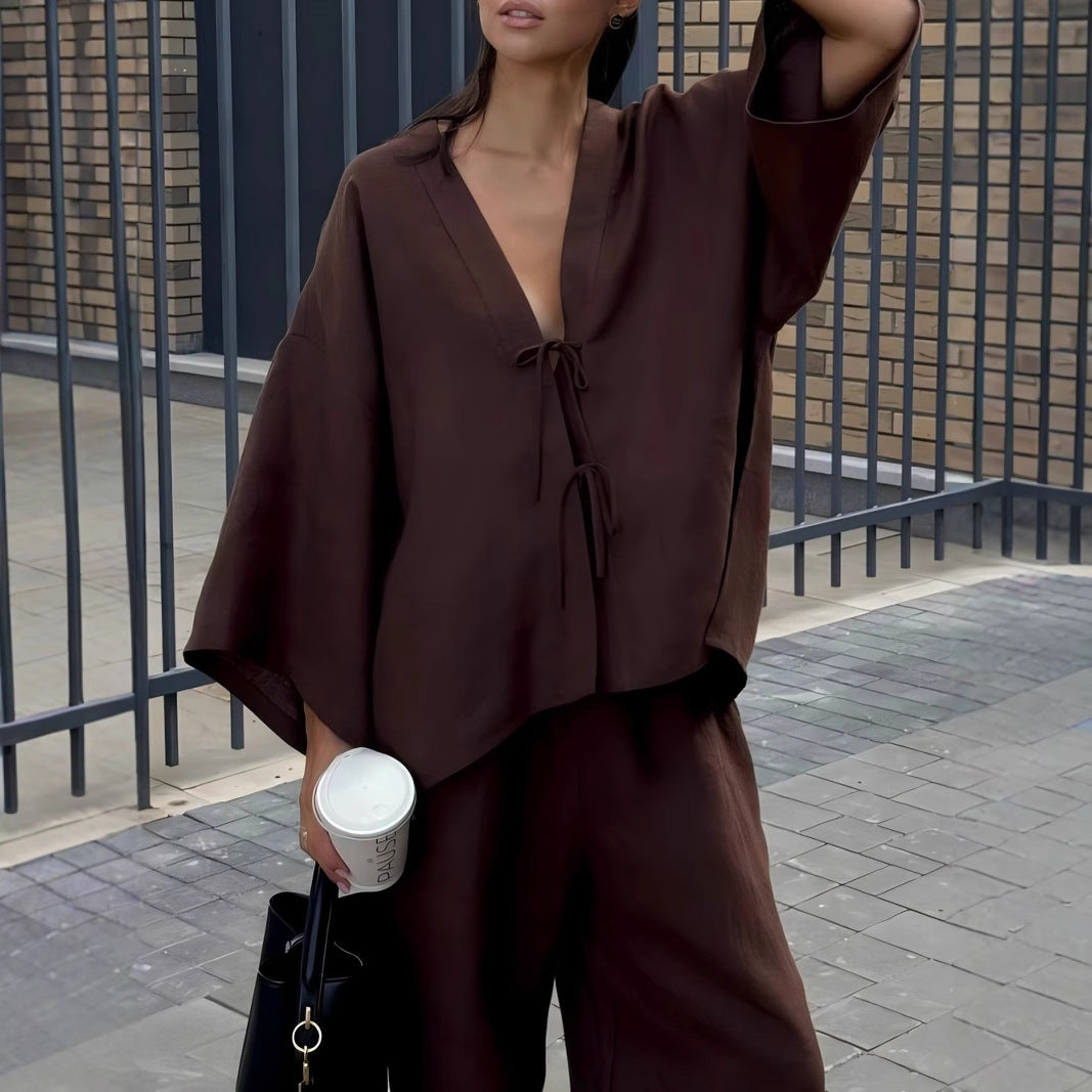 Casual Pure Cotton Tied Top Wide Leg Pants Suit
