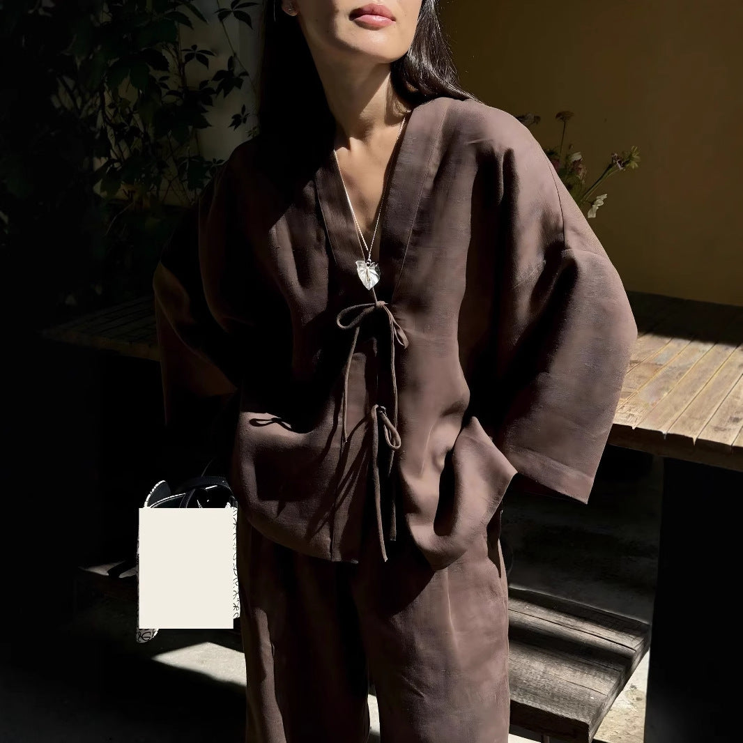 Casual Pure Cotton Tied Top Wide Leg Pants Suit