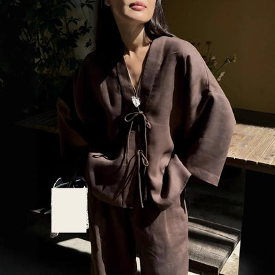 Casual Pure Cotton Tied Top Wide Leg Pants Suit
