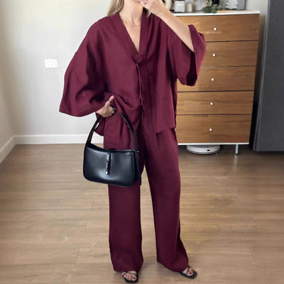 Casual Pure Cotton Tied Top Wide Leg Pants Suit