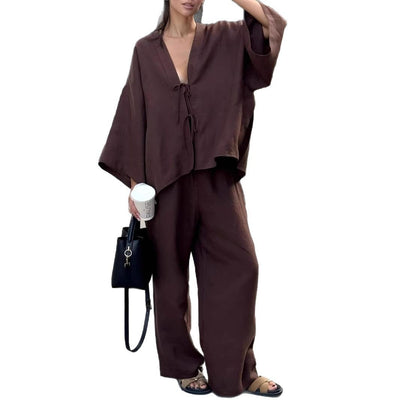 Casual Pure Cotton Tied Top Wide Leg Pants Suit