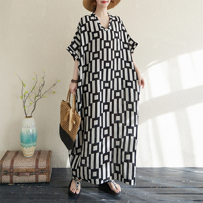 V-neck Retro Flab Hiding Cotton And Linen Dress