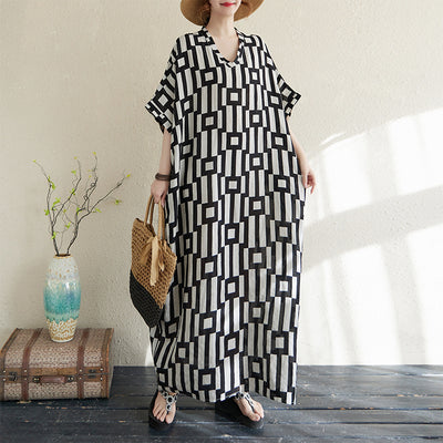 V-neck Retro Flab Hiding Cotton And Linen Dress