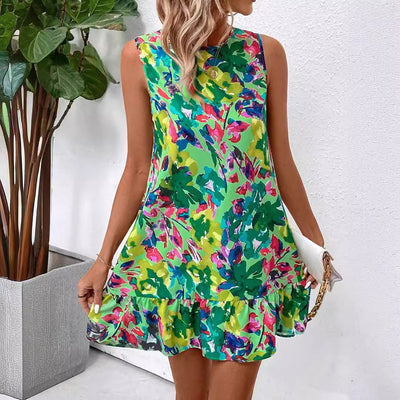 Elegant Women Floral Print Sleeveless Ruffles Dress
