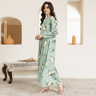 Casual Round Neck Printing Floral Wrinkle Splicing Regular Sleeve Long Dresses