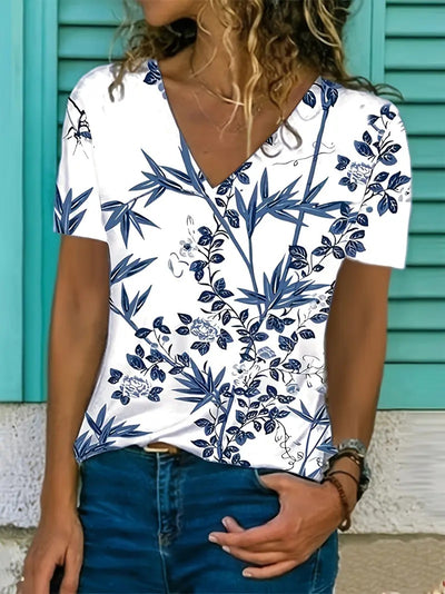 New Summer Fashion Casual V-neck Botanical Print Top Short Sleeve T-shirt