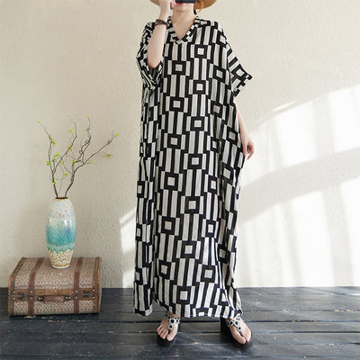 V-neck Retro Flab Hiding Cotton And Linen Dress