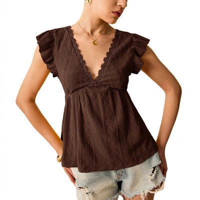 Hollowed-out V-neck Ruffled Short Sleeve Lace T-shirt Top