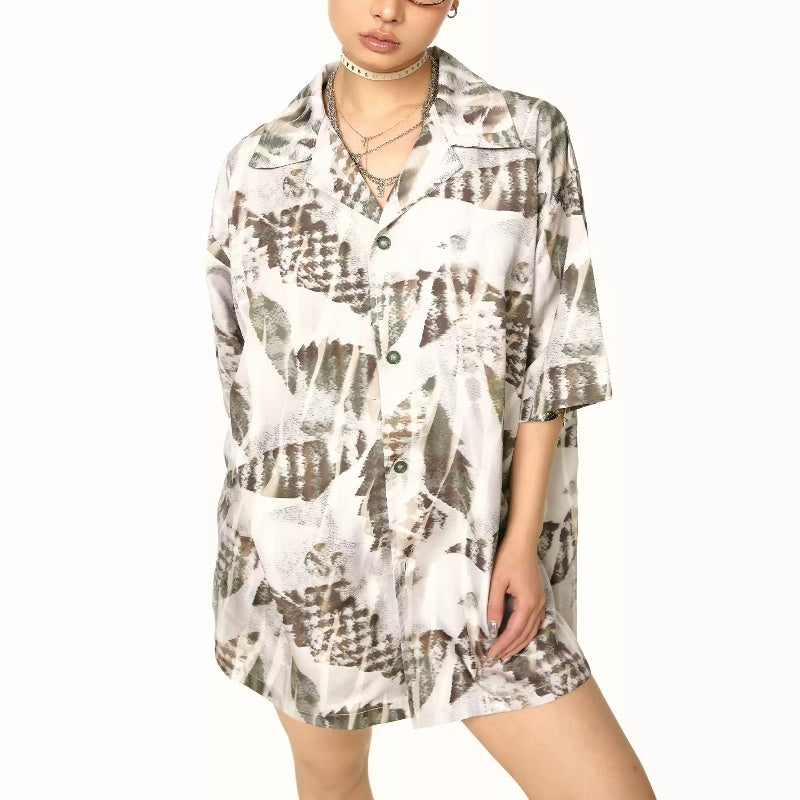 Retro Lapels Graffiti Short-sleeved Shirt Women's Summer Loose Casual
